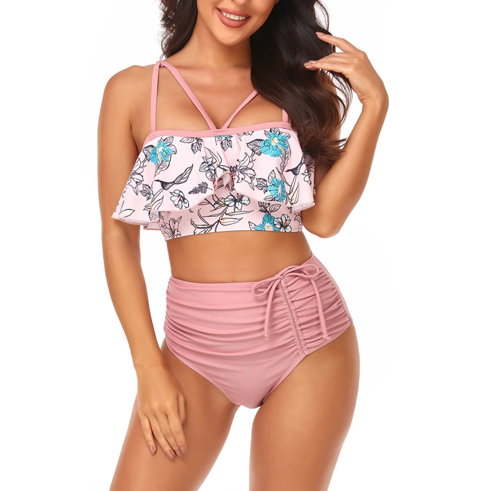 Women Swimsuit 2 Pieces Ruffle Hem Spaghetti Strap Printed Side Drawstring Wireless High Waist Bikini Set Pale Pinkish Gray XXL