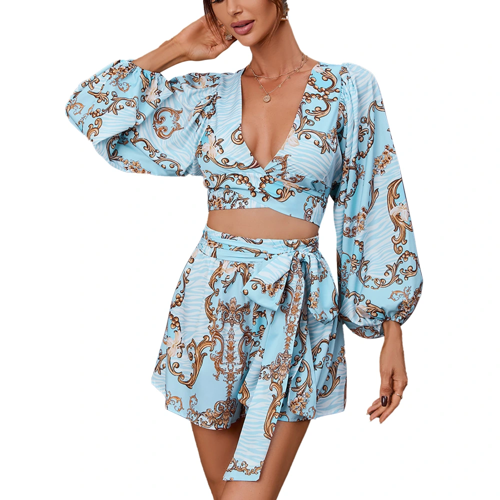 Women Jumpsuit Cut Out Deep V Neck Lantern Long Sleeved Belt Shorts Slim Fit Jumpsuit Blue M