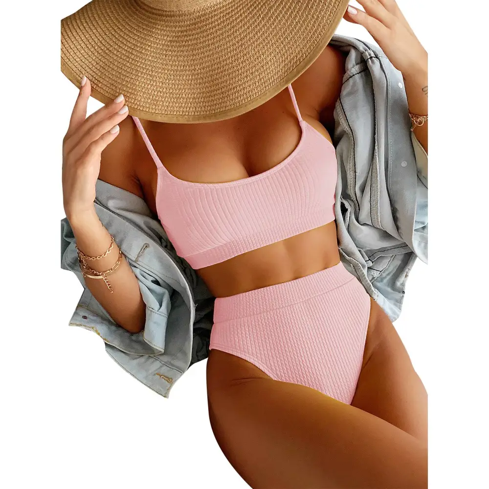 Women Spaghetti Strap Bikini Set Two Piece U Neck Ribbed High Cut Backless Bathing Suit Pink M