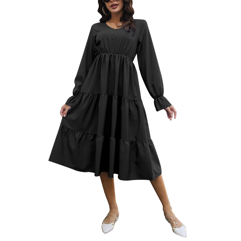 Women Dress V Neck Lantern Long Sleeve Pure Color Elastic Waist Style Casual Flared Dress for Daily Life Black XL