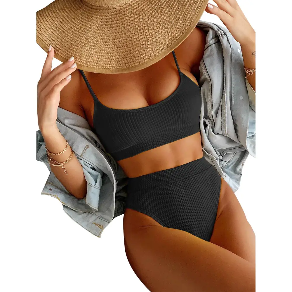 Women Spaghetti Strap Bikini Set Two Piece U Neck Ribbed High Cut Backless Bathing Suit Black M