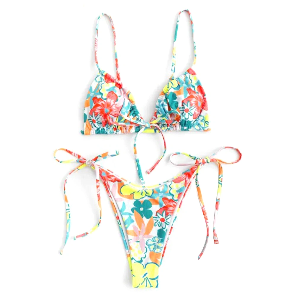 Women Swimsuit Print Splicing High Waist Quick Dry Tight Backless Regulable Shoulder Straps Split Bathing Suits for Summer Flower Color L