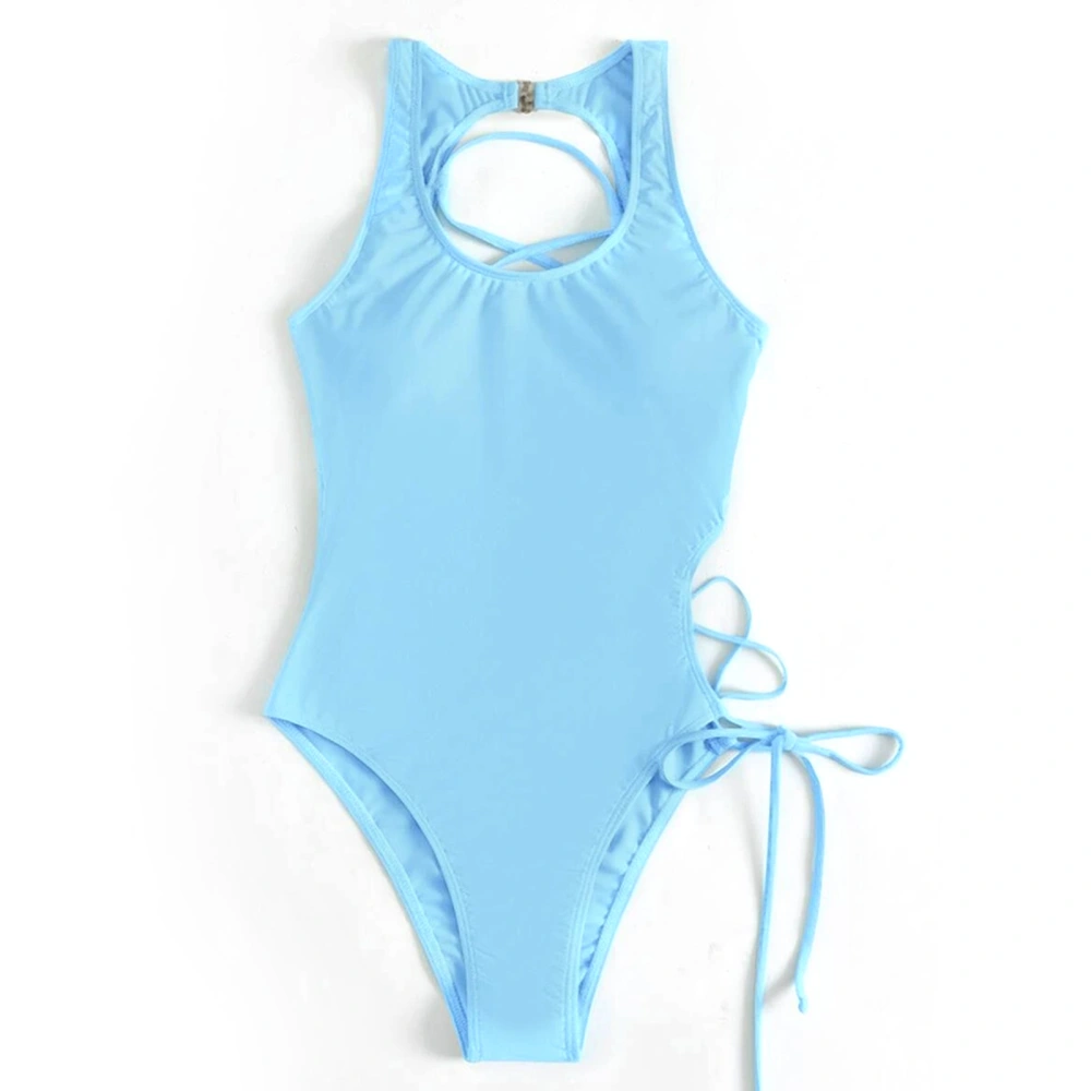 Lace Up One Piece Backless Slim Fit Pure Color Breathable Fashionable Lace Up Swimming Suit Blue S