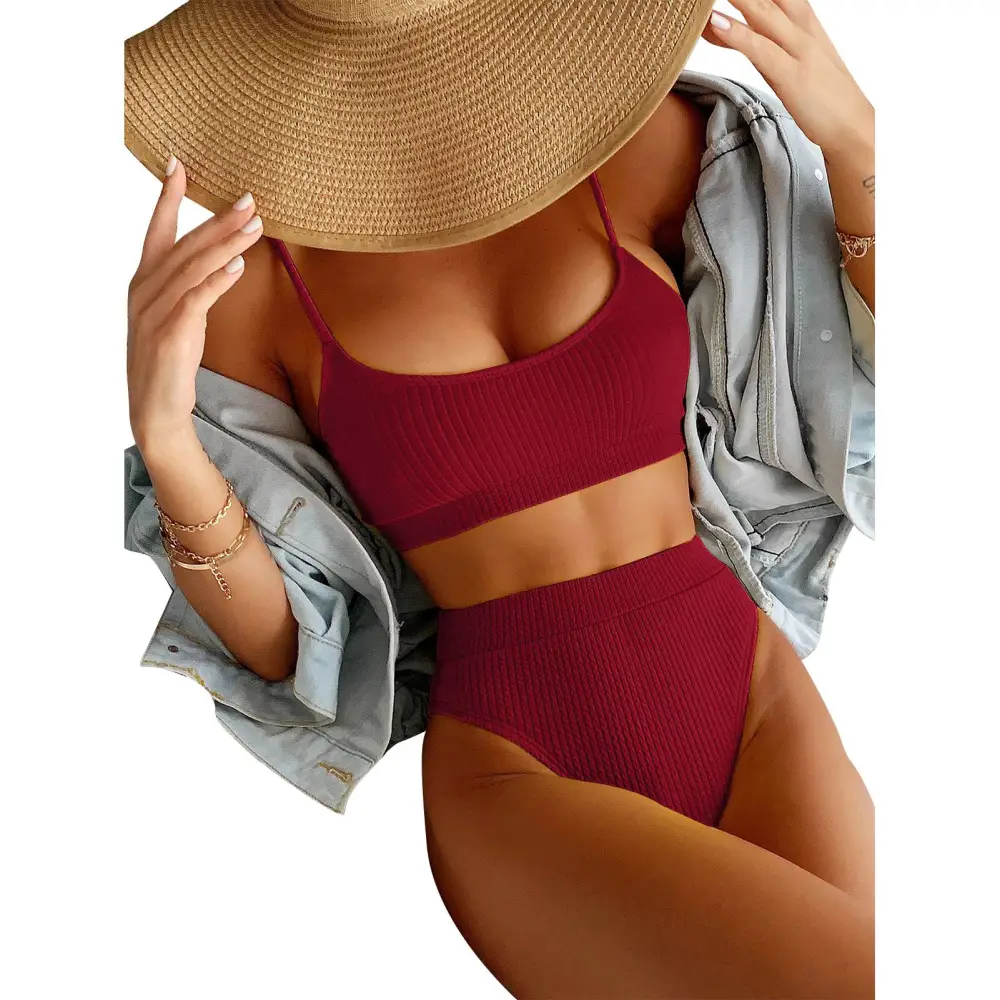 Women Spaghetti Strap Bikini Set Two Piece U Neck Ribbed High Cut Backless Bathing Suit Wine Red L