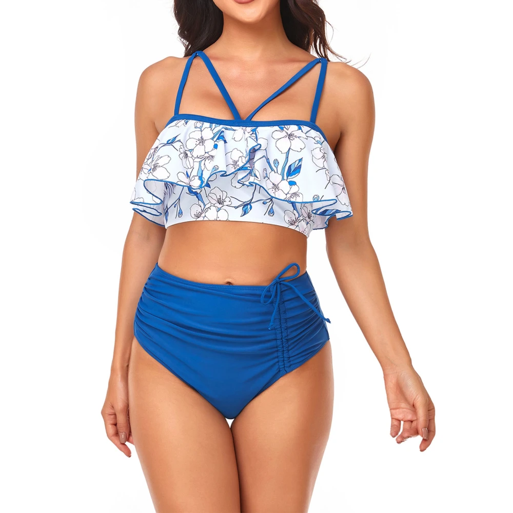 Women Swimsuit 2 Pieces Ruffle Hem Spaghetti Strap Printed Side Drawstring Wireless High Waist Bikini Set Royalblue XXL