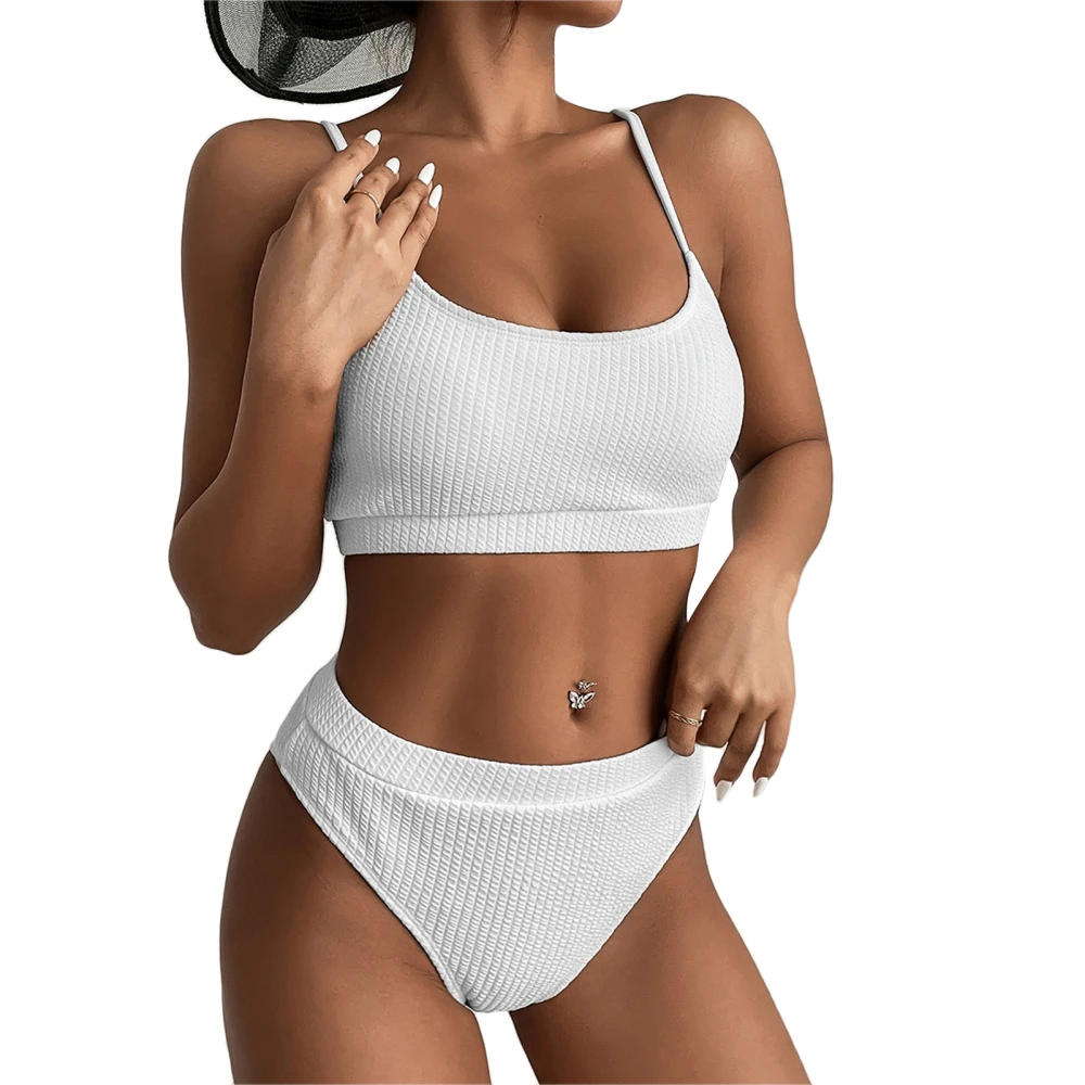 Women Spaghetti Strap Bikini Set Two Piece U Neck Ribbed High Cut Backless Bathing Suit White M