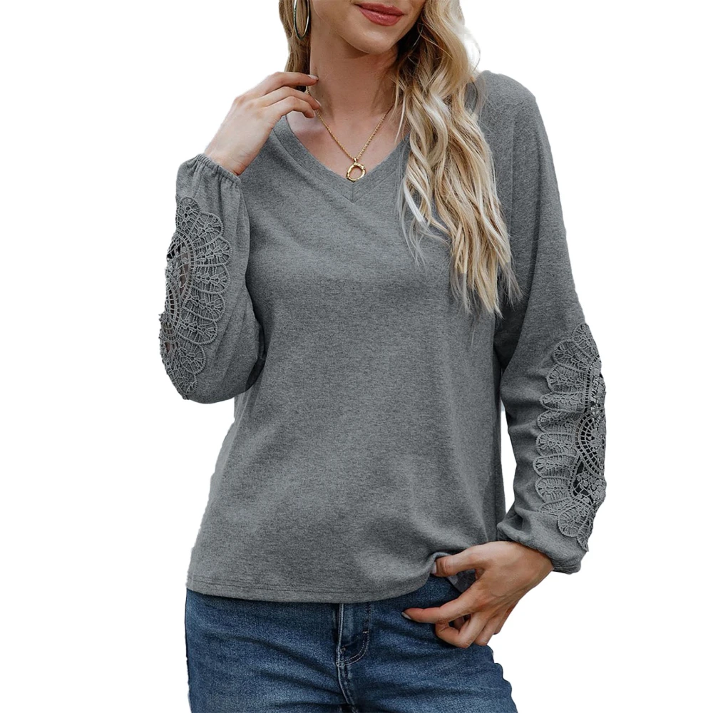 Women Long Sleeve Tops Fashionable Loose Lace Stitching Tighten Cuffs Women Casual V Neck Shirts for Home Office Outing Grey XXL