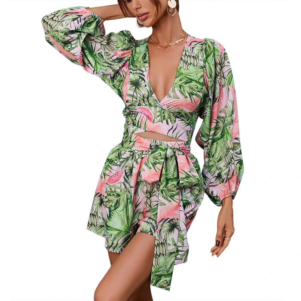 Women Jumpsuit Cut Out Deep V Neck Lantern Long Sleeved Belt Shorts Slim Fit Jumpsuit Green S