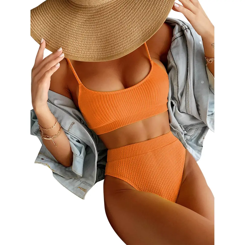 Women Spaghetti Strap Bikini Set Two Piece U Neck Ribbed High Cut Backless Bathing Suit Orange M