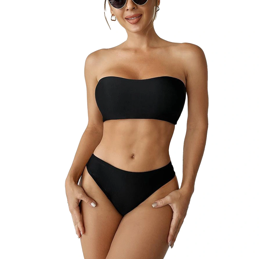 Women Tube Top Bikini Set 2 Piece Strapless Wireless Padded High Cut Stretchy Backless Bathing Suit Black S