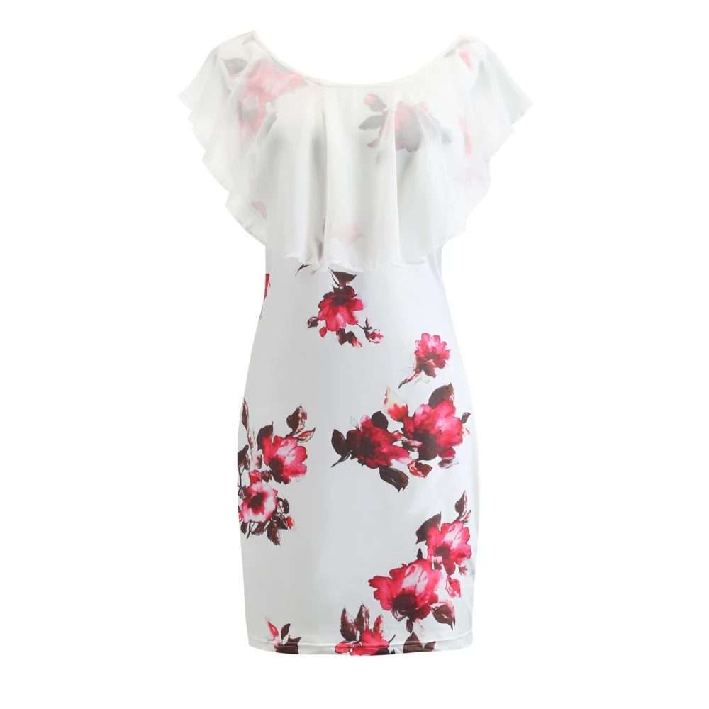 Ruffle Floral Print Dress Women Fashionable Elegant Bodycon Dress for Dating Holiday Party White L