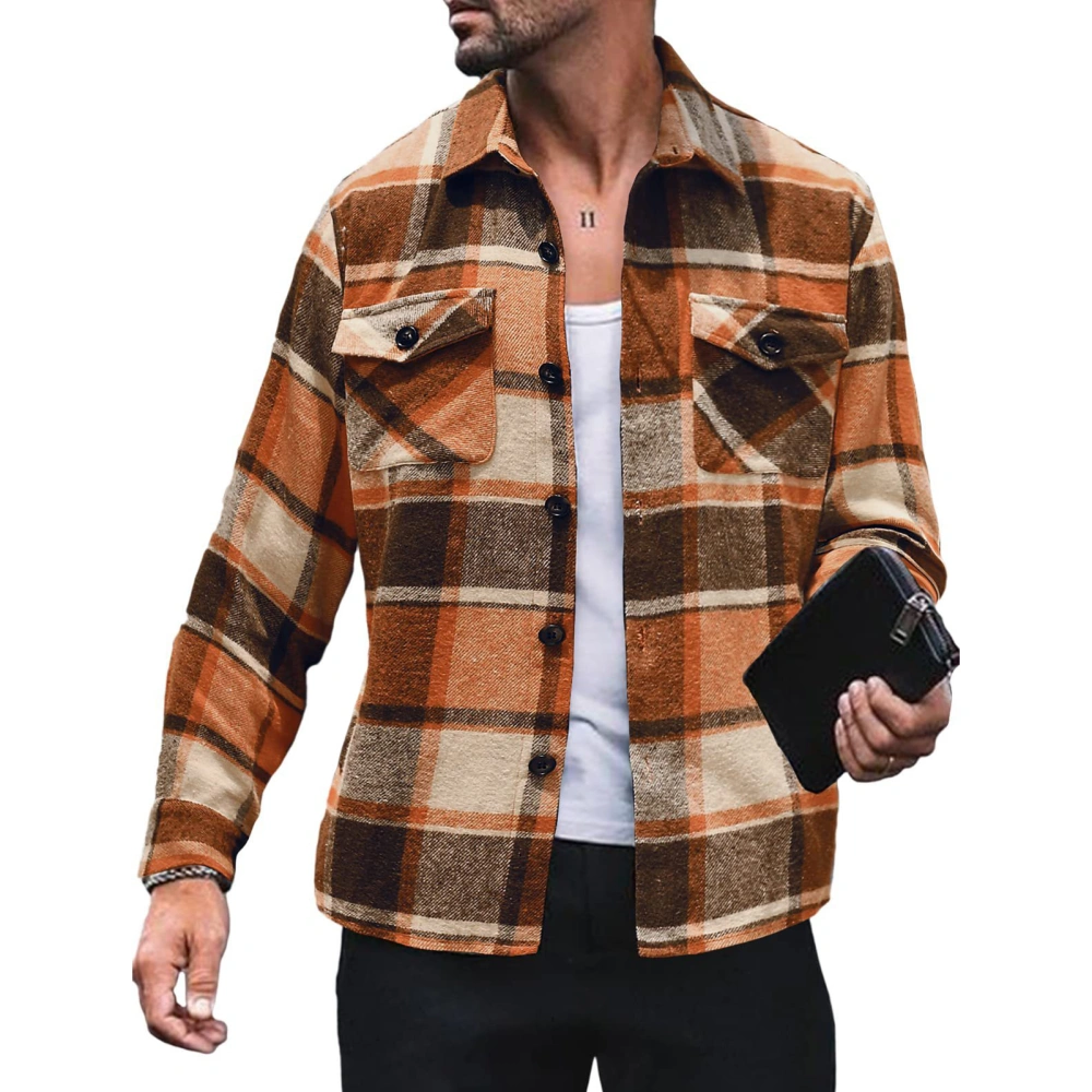 Men Long Sleeve Plaid Shirt Jacket Casual Fashionable Turn Down Collar Button Up Shacket with Pocket Orange S