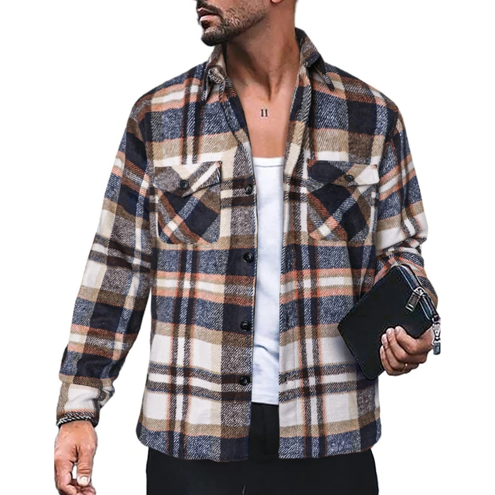 Men Long Sleeve Plaid Shirt Jacket Casual Fashionable Turn Down Collar Button Up Shacket with Pocket Blue L