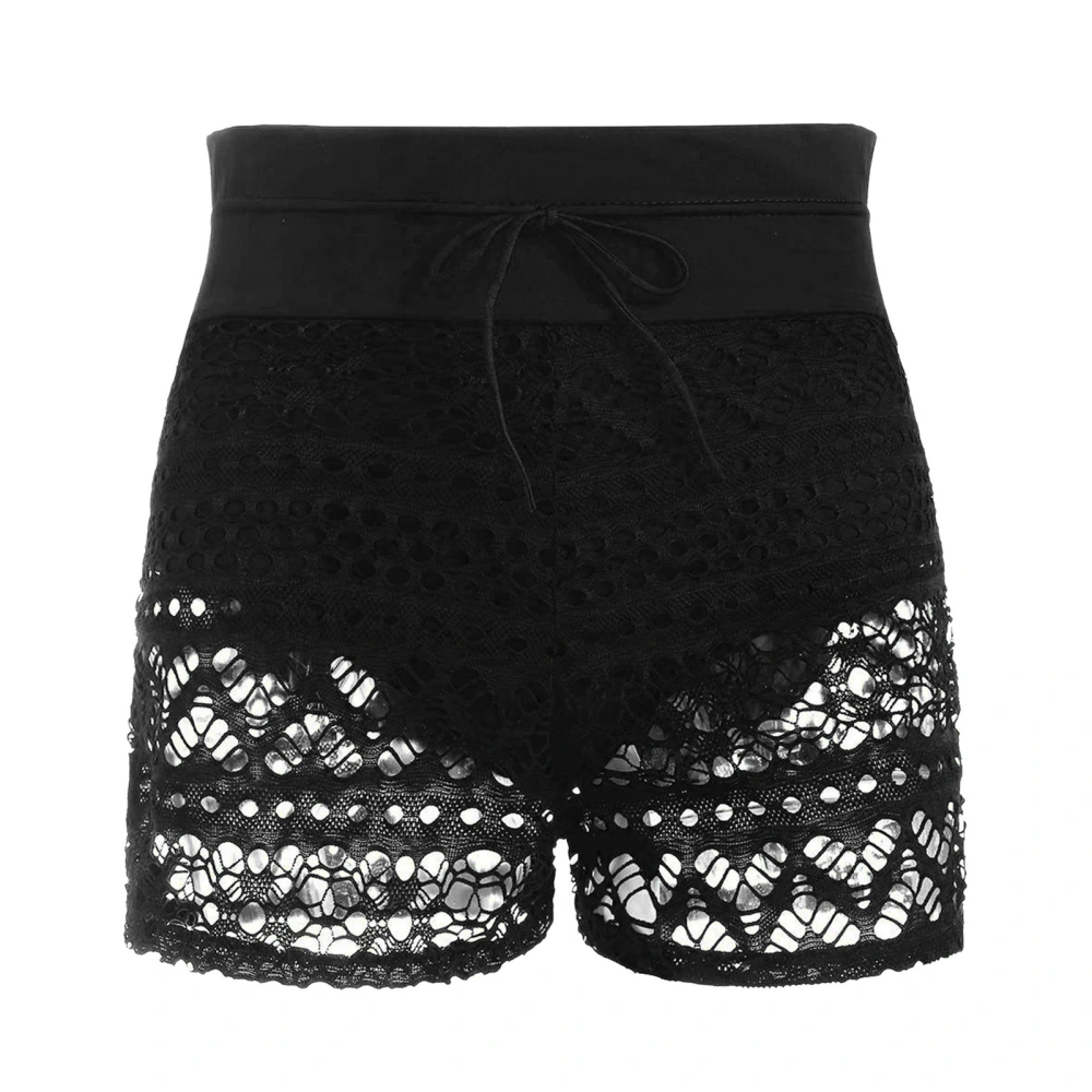 Women Swim Shorts Lace Hollow Out Drawstring Pure Color Breathable Elastic Swimsuit Bottom for Beach Surfing Party Black XL