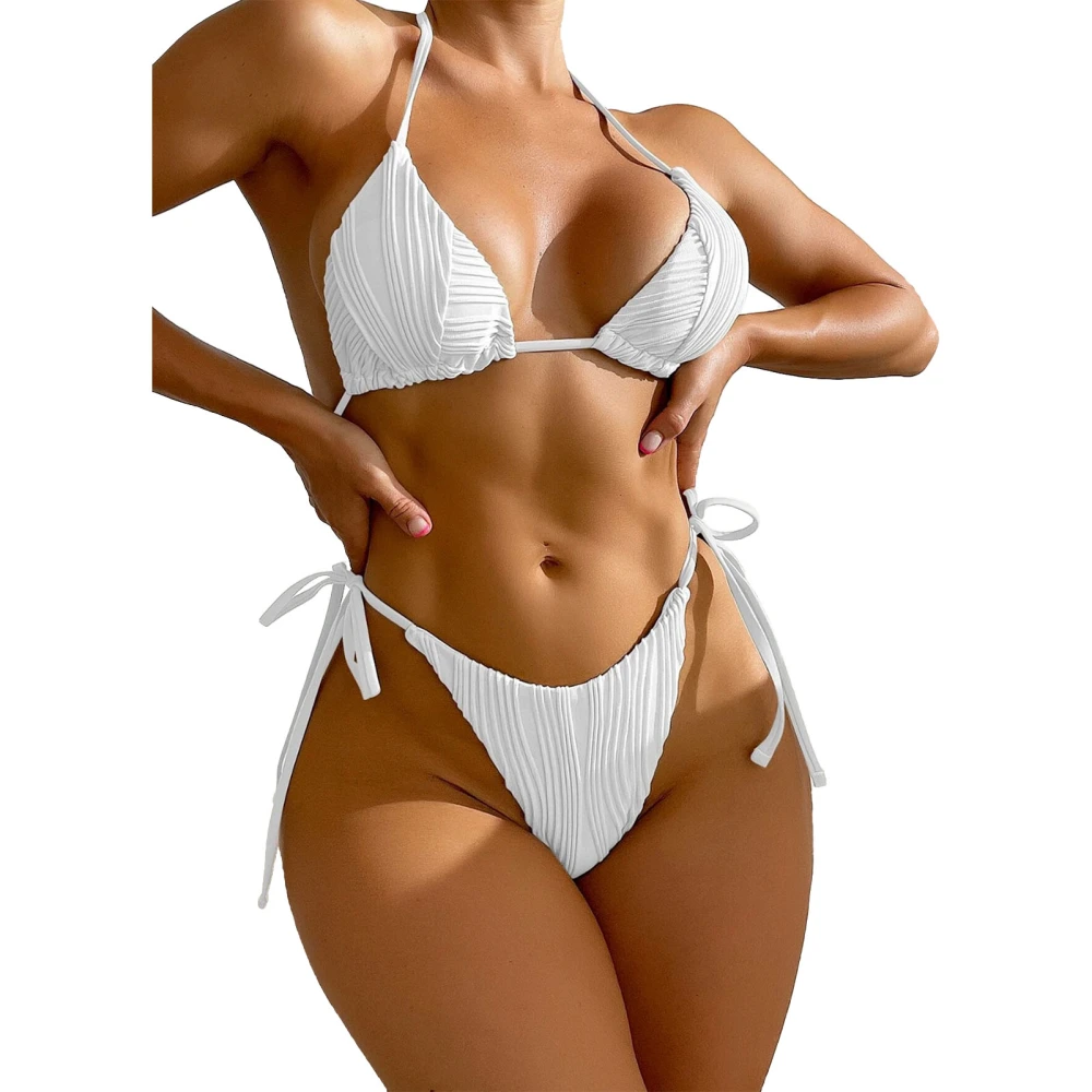 Women Swimsuit 2 Piece Halter Neck Tie Side Pure Color Swimwear Bath Swim Suit Bikini White M