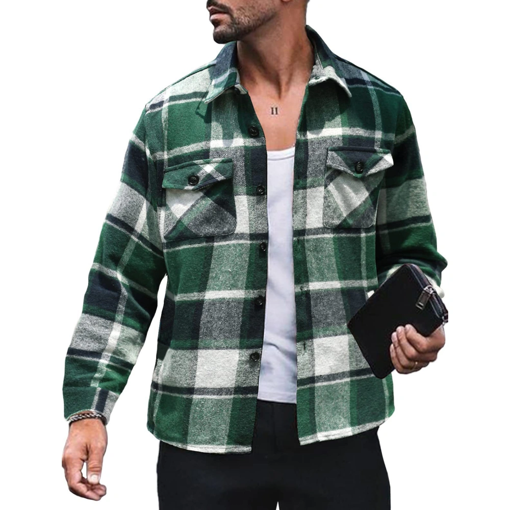 Men Long Sleeve Plaid Shirt Jacket Casual Fashionable Turn Down Collar Button Up Shacket with Pocket Green 3XL