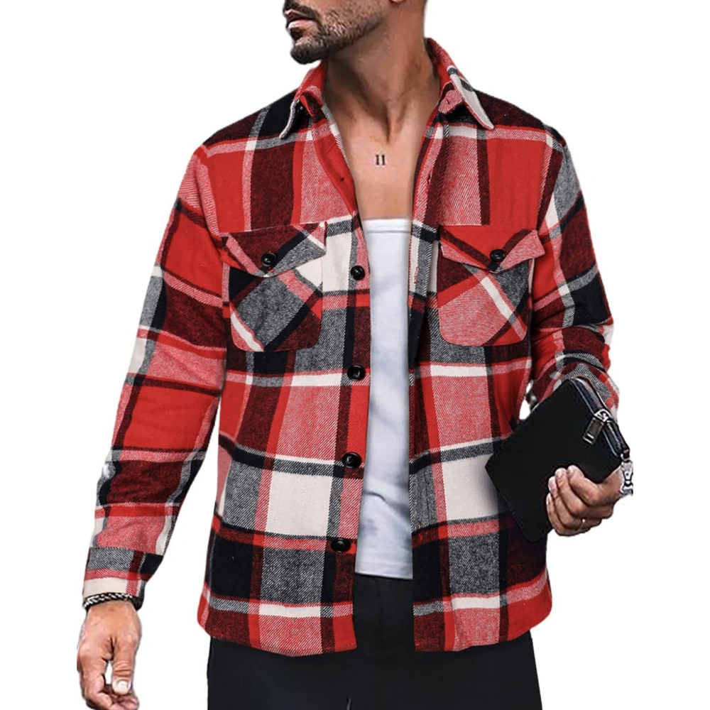 Men Long Sleeve Plaid Shirt Jacket Casual Fashionable Turn Down Collar Button Up Shacket with Pocket Red L