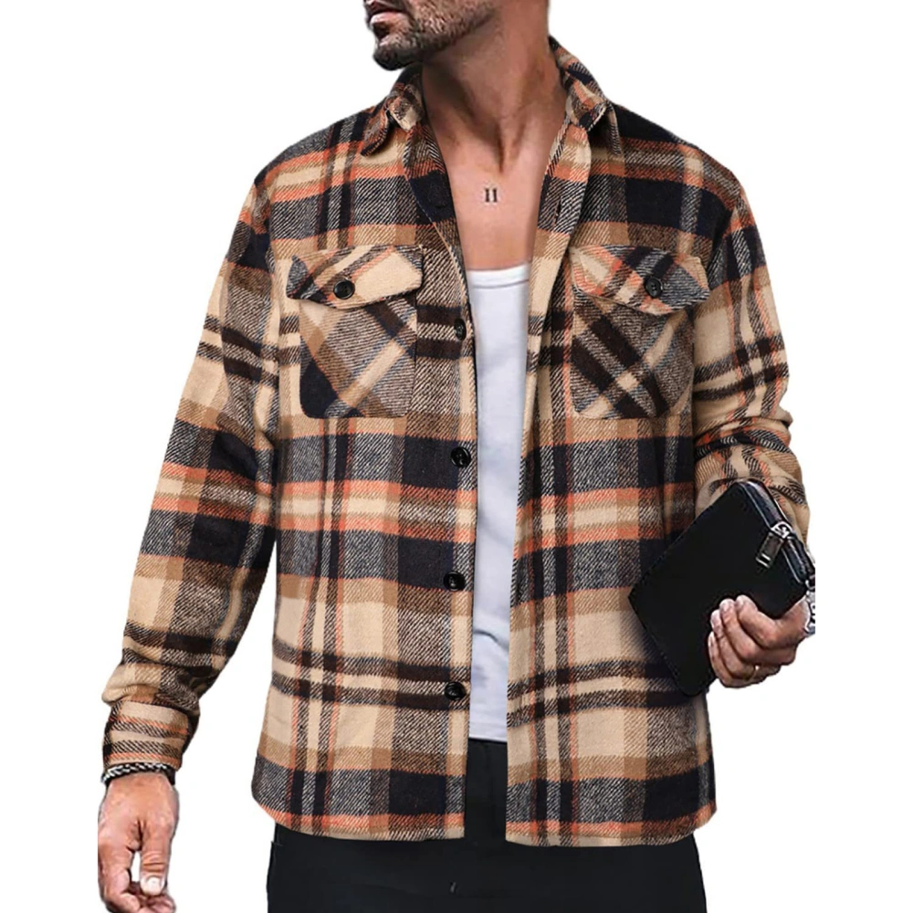 Men Long Sleeve Plaid Shirt Jacket Casual Fashionable Turn Down Collar Button Up Shacket with Pocket Brown 3XL