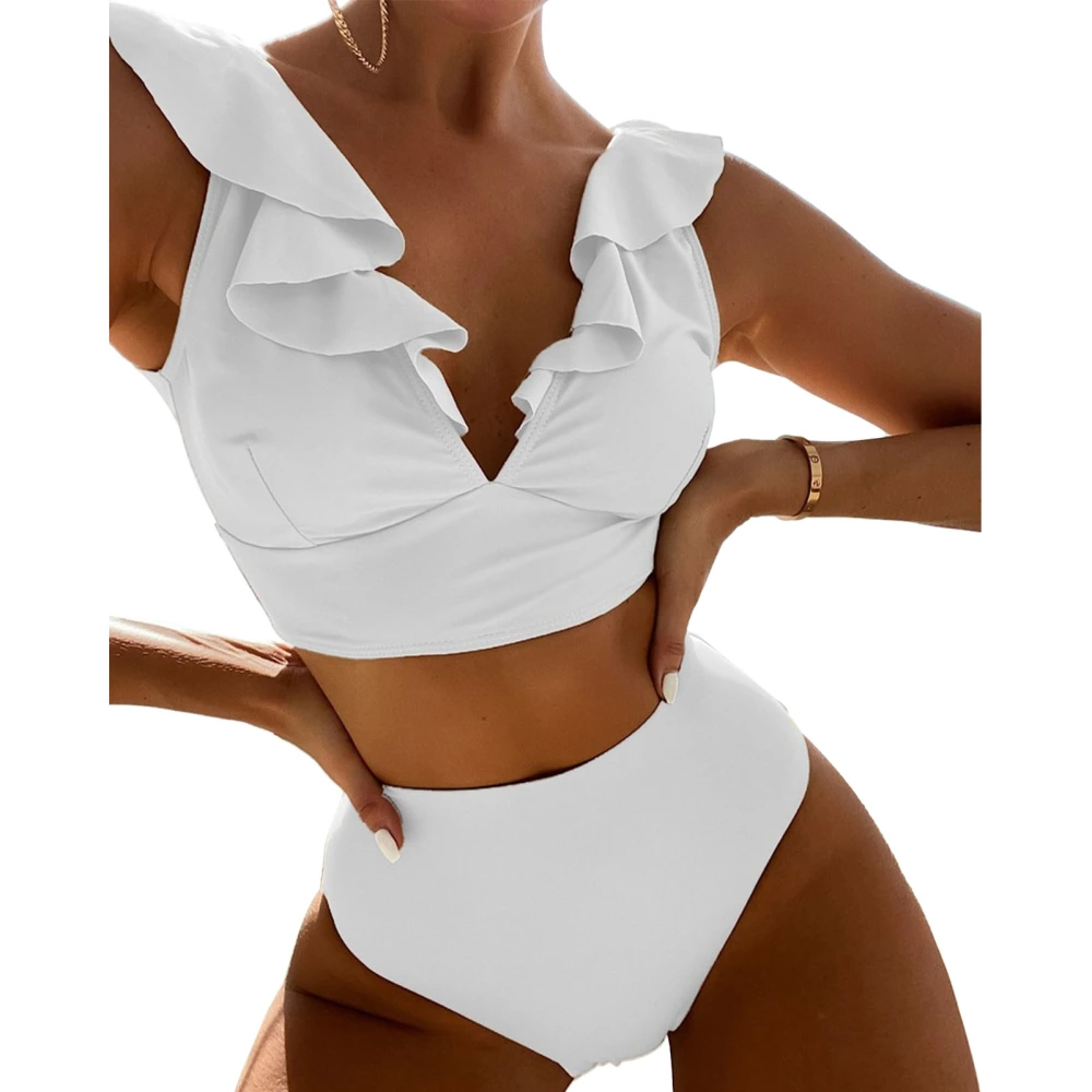 Women 2 Piece Bikini Ruffle Flounce High Waist Lace Up V Neck Dual Shoulder Straps Bikini Swimsuit for Beach Swimming White S