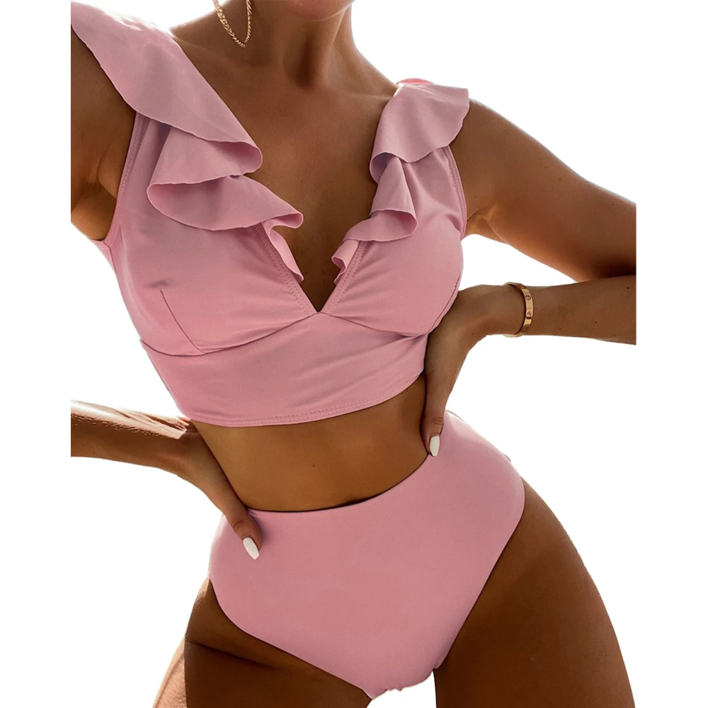 Women 2 Piece Bikini Ruffle Flounce High Waist Lace Up V Neck Dual Shoulder Straps Bikini Swimsuit for Beach Swimming Pink L