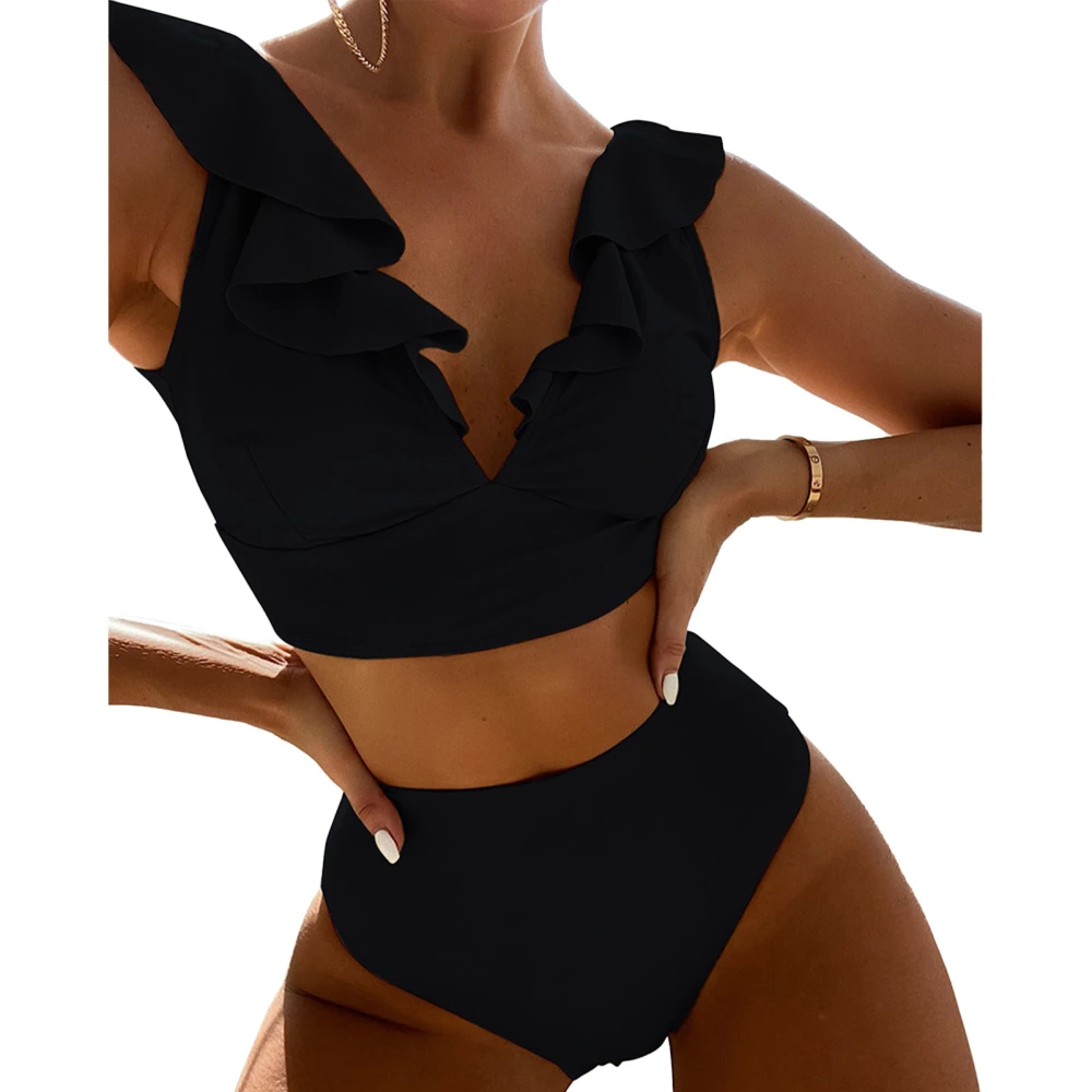 Women 2 Piece Bikini Ruffle Flounce High Waist Lace Up V Neck Dual Shoulder Straps Bikini Swimsuit for Beach Swimming Black M