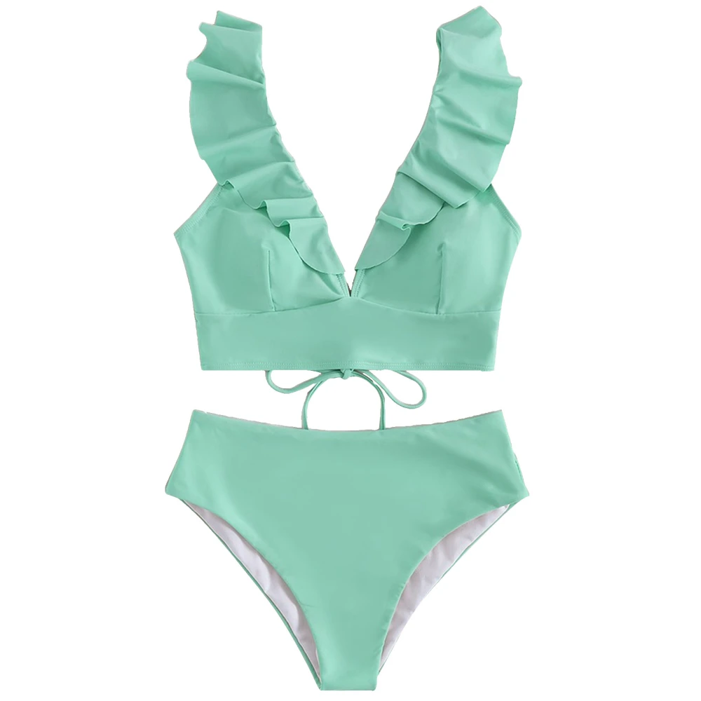 Women 2 Piece Bikini Ruffle Flounce High Waist Lace Up V Neck Dual Shoulder Straps Bikini Swimsuit for Beach Swimming Mintcream XL