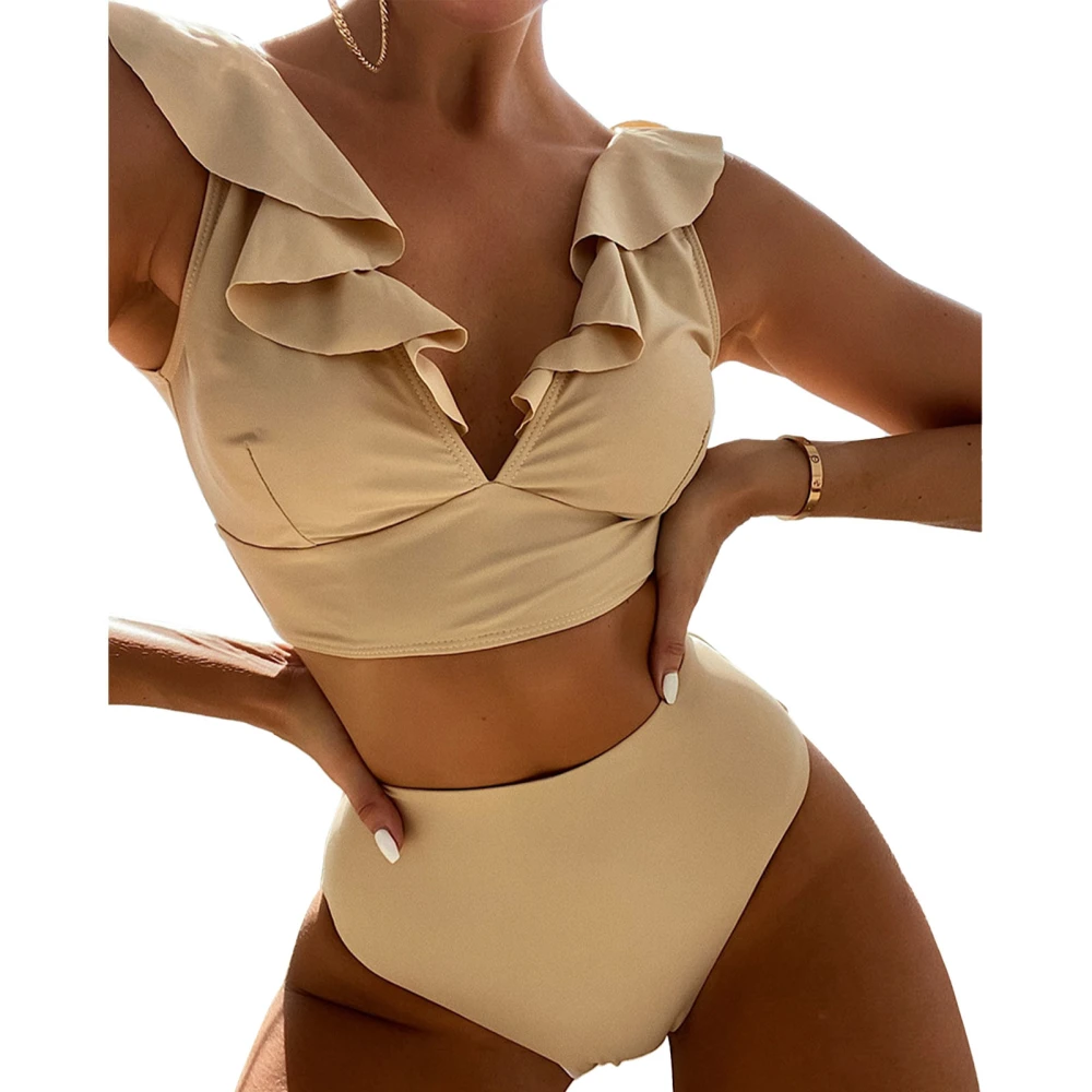 Women 2 Piece Bikini Ruffle Flounce High Waist Lace Up V Neck Dual Shoulder Straps Bikini Swimsuit for Beach Swimming Apricot XL