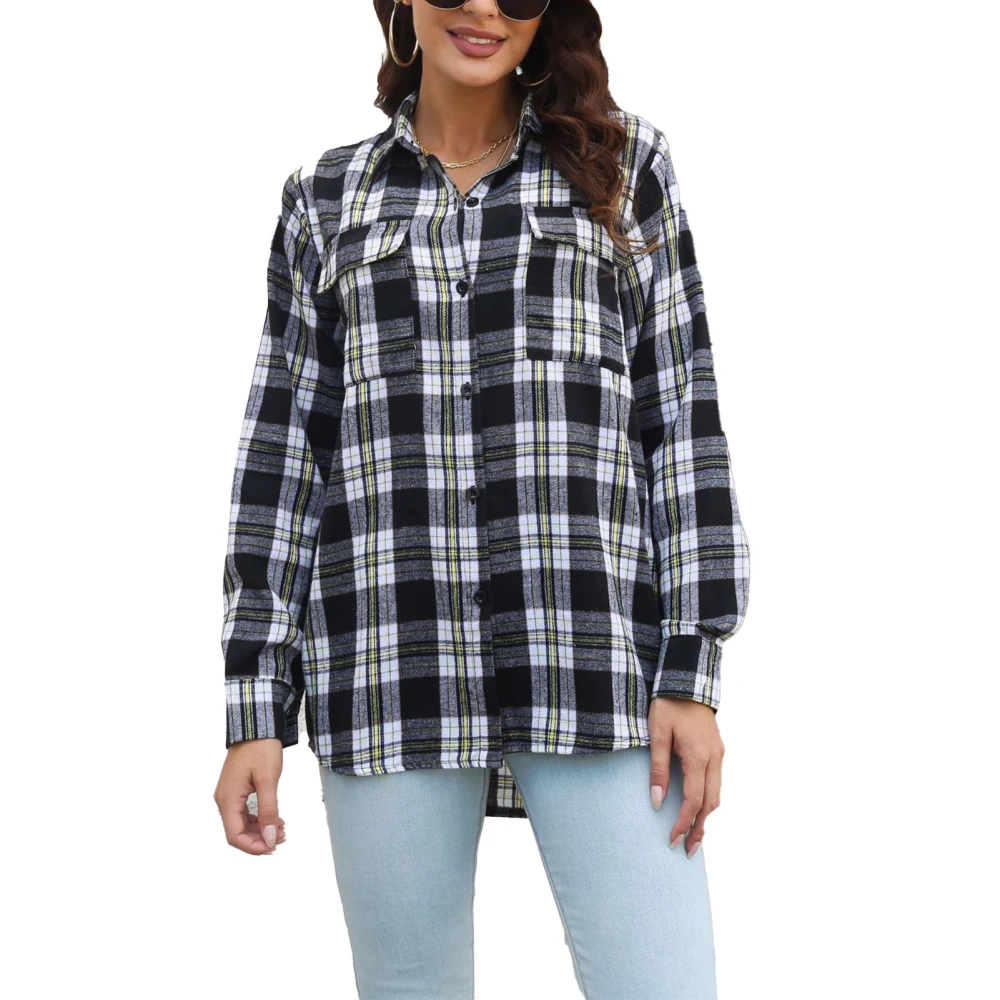 Women Plaid Print Shirt Single Breasted Chest Pocket Long Sleeve Open Front Women Shirt Blouse for Work Daily Party Black S