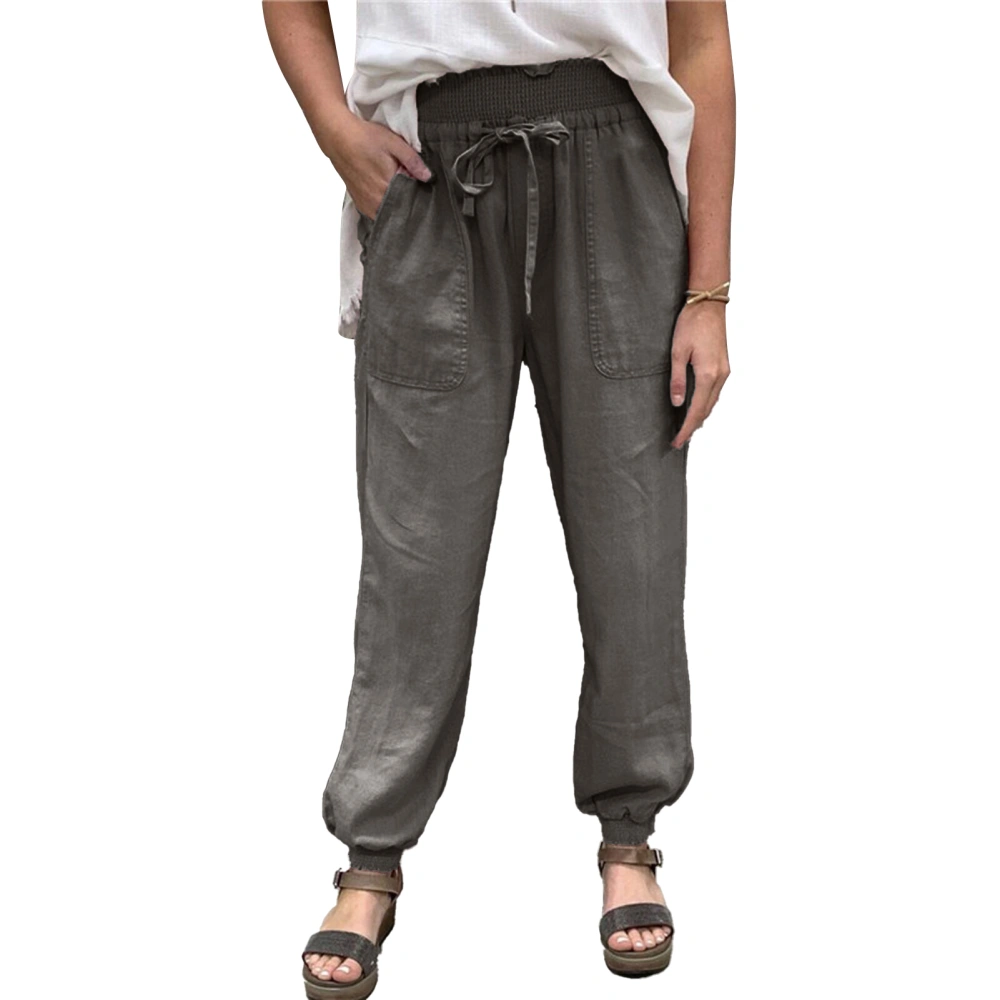 Casual Trousers Pure Color High Waisted Tapered Cuff Side Pockets Elastic Belt Shirred Loose Fit Trousers Dark Gray L