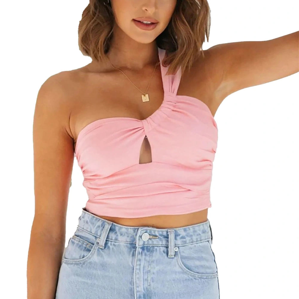 Women Vest Tank Top One Shoulder Sleeveless Cut Out Pleated Pure Color Sports Bra for Summer Pink S