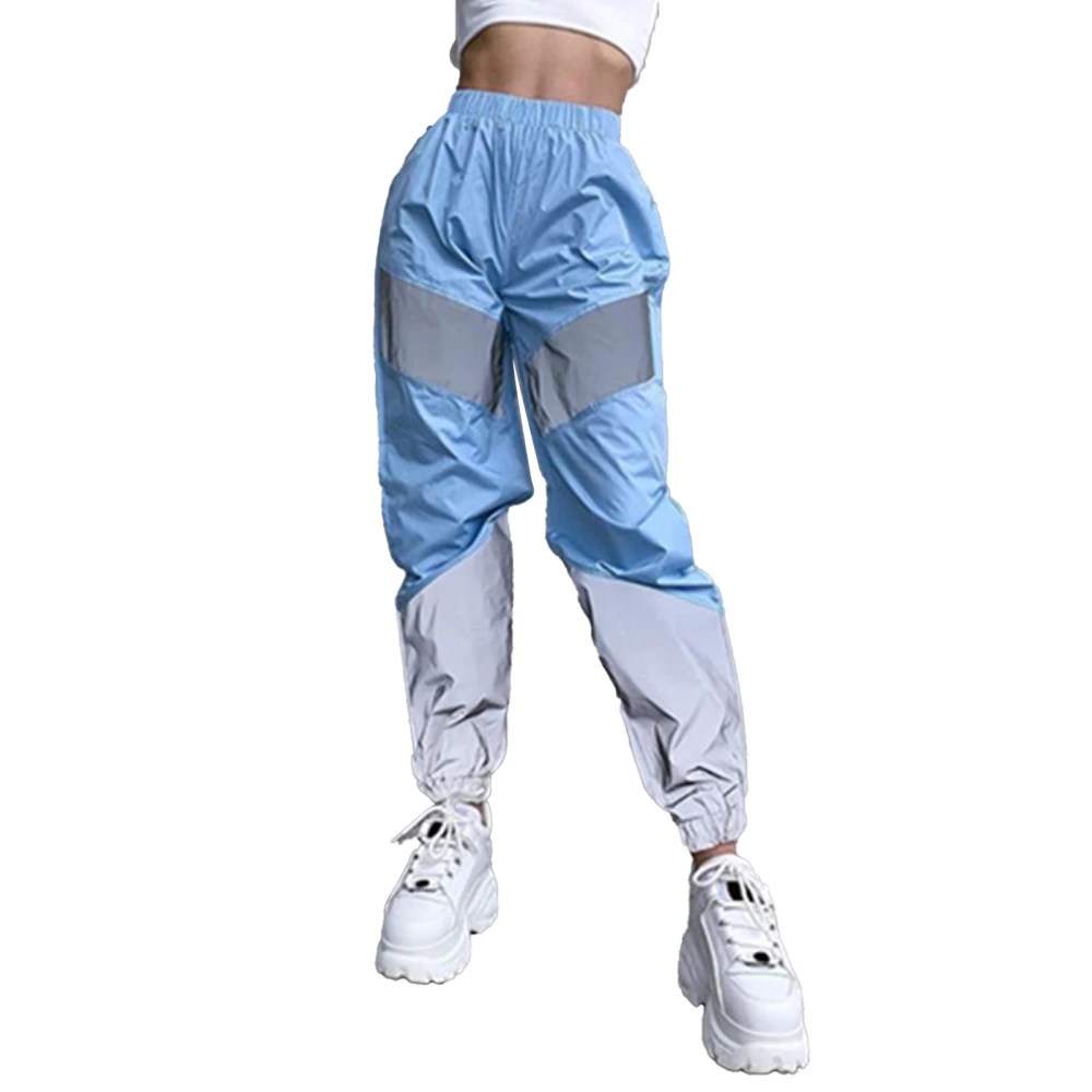 Women Sports Pants Reflective Splicing Color Contrasting Elastic Medium Waist Casual Long Pants Blue 3XL