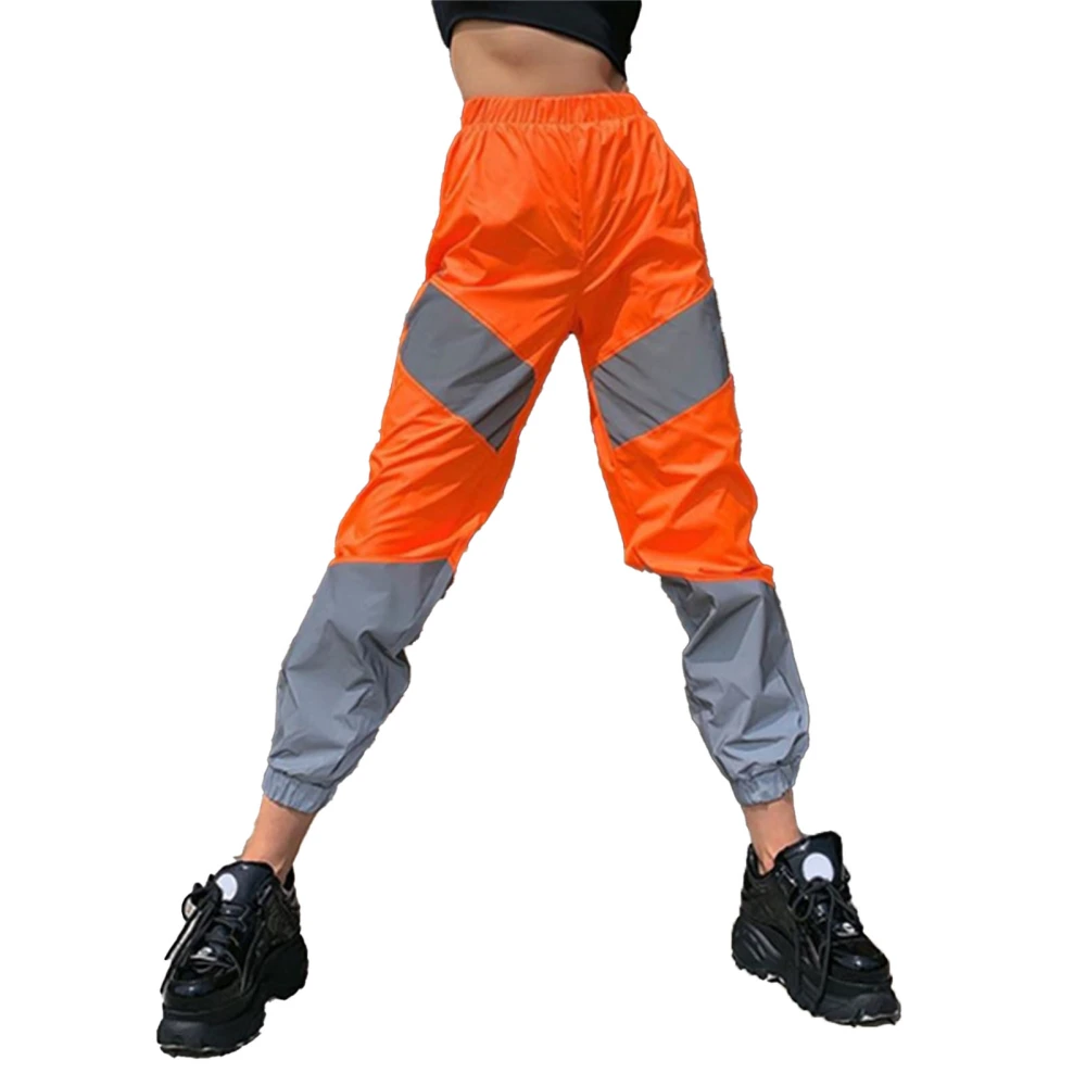 Women Sports Pants Reflective Splicing Color Contrasting Elastic Medium Waist Casual Long Pants Orange XL