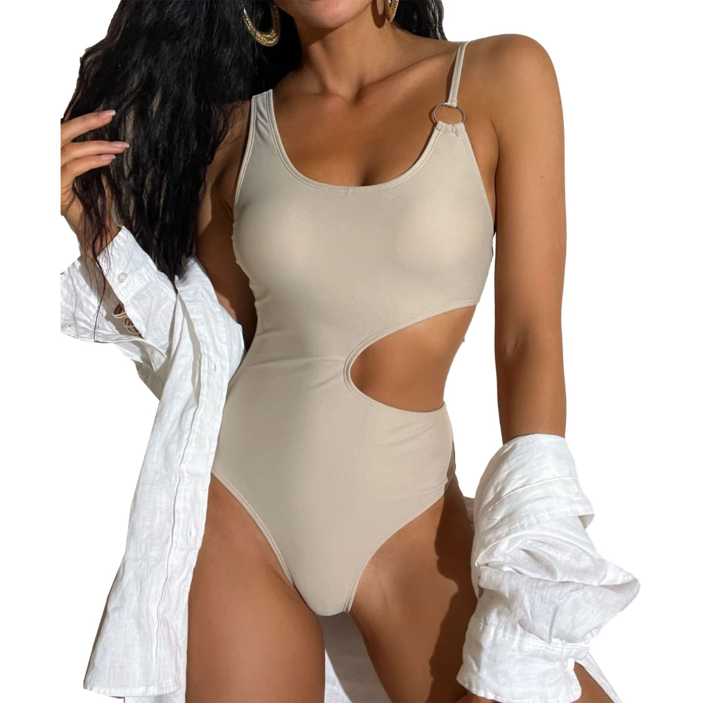 Women Cut Out Bathing Suit Pure Color Slimming U Neck One Piece Swimsuit for Beach Swimming Pool Khaki L