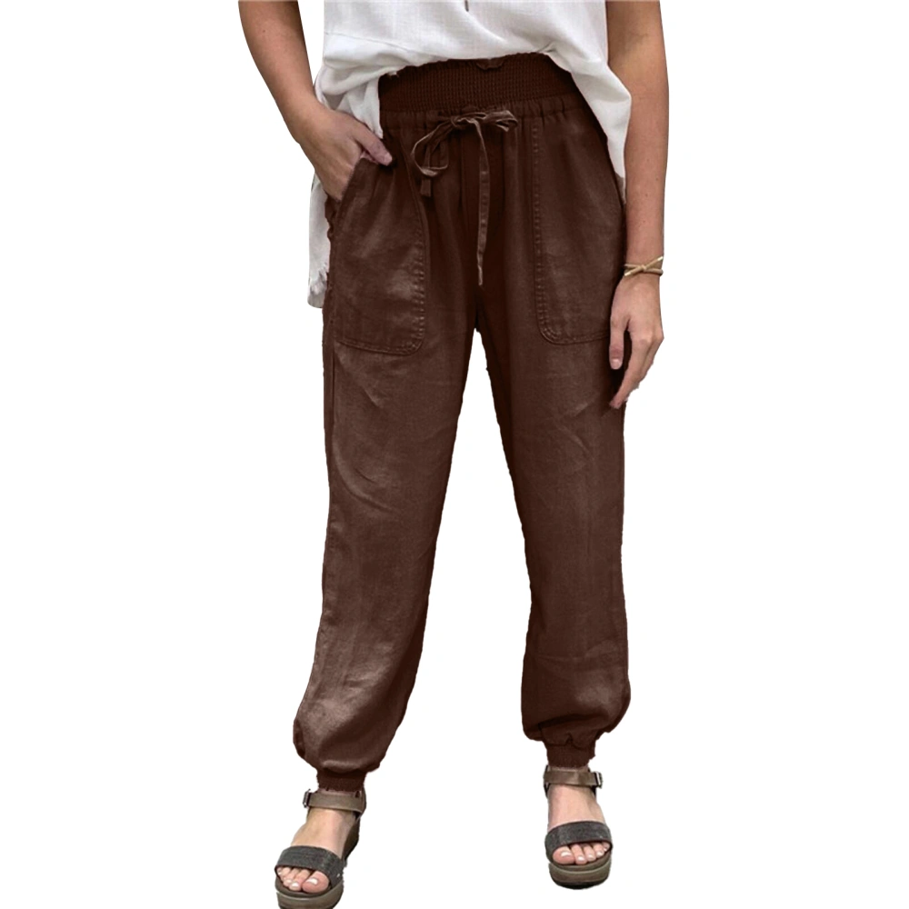 Casual Trousers Pure Color High Waisted Tapered Cuff Side Pockets Elastic Belt Shirred Loose Fit Trousers Brown XL