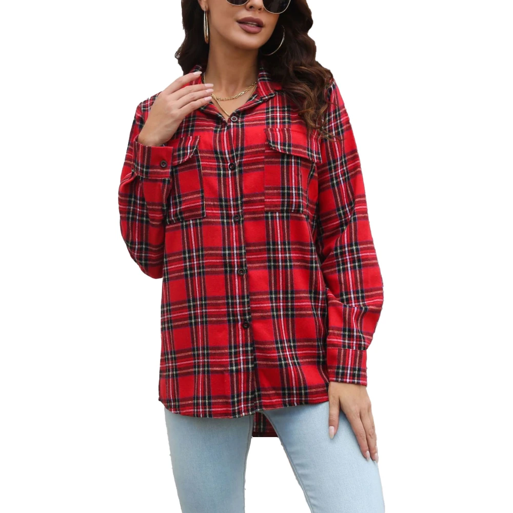 Women Plaid Print Shirt Single Breasted Chest Pocket Long Sleeve Open Front Women Shirt Blouse for Work Daily Party Red L