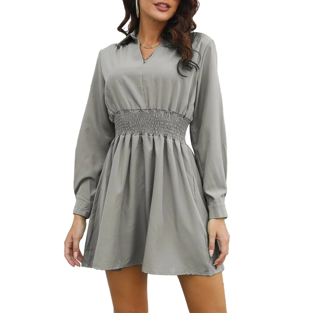 Long Sleeve Dress V Neck Pure Color Shirt Collar Polyester Fiber Womens Shirred Dress for Party Office Dating Grey XL