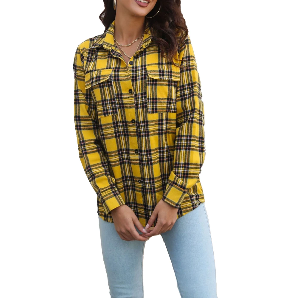 Women Plaid Print Shirt Single Breasted Chest Pocket Long Sleeve Open Front Women Shirt Blouse for Work Daily Party Yellow S