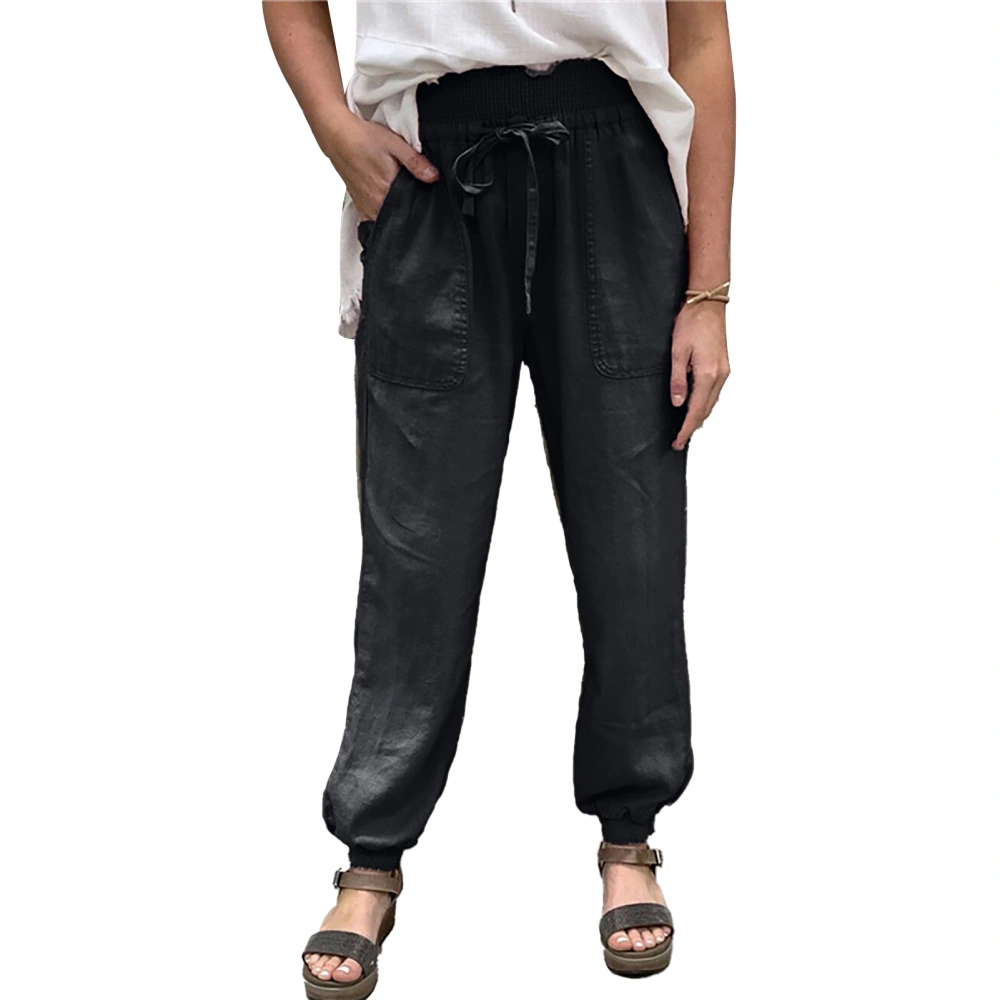 Casual Trousers Pure Color High Waisted Tapered Cuff Side Pockets Elastic Belt Shirred Loose Fit Trousers Black XXL