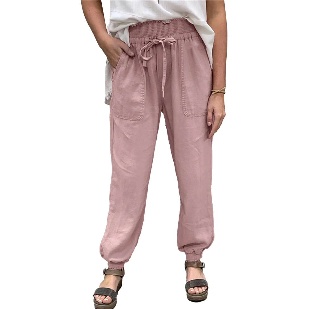 Casual Trousers Pure Color High Waisted Tapered Cuff Side Pockets Elastic Belt Shirred Loose Fit Trousers Pink XL