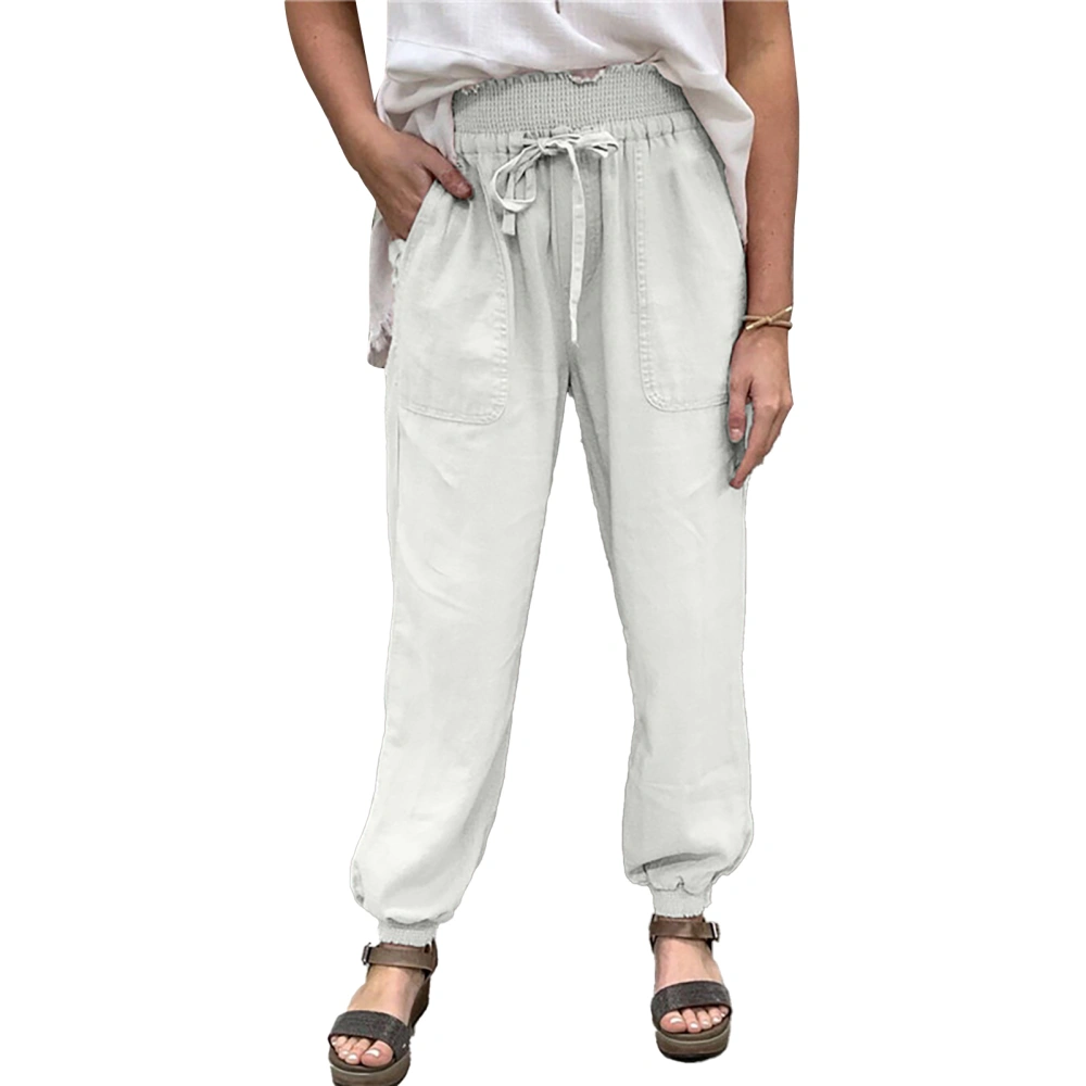 Casual Trousers Pure Color High Waisted Tapered Cuff Side Pockets Elastic Belt Shirred Loose Fit Trousers White 3XL