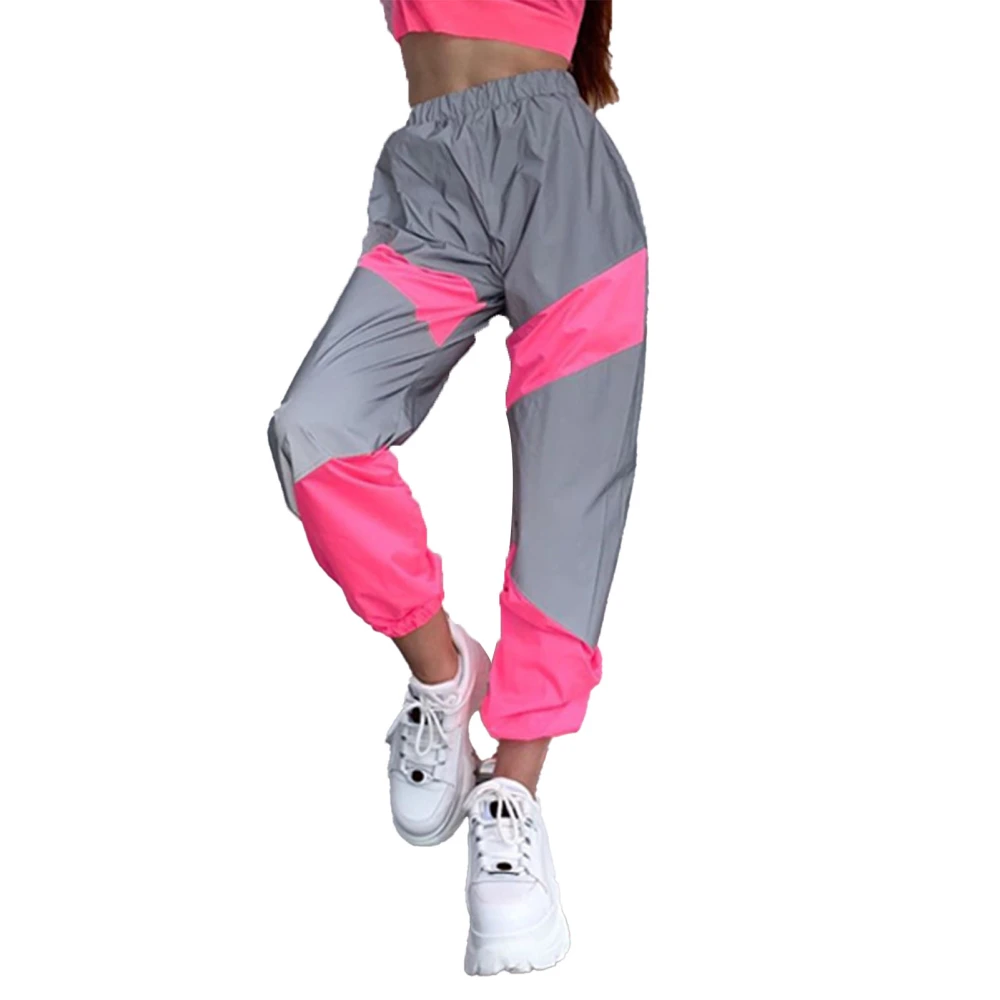 Women Sports Pants Reflective Splicing Color Contrasting Elastic Medium Waist Casual Long Pants Pink XL