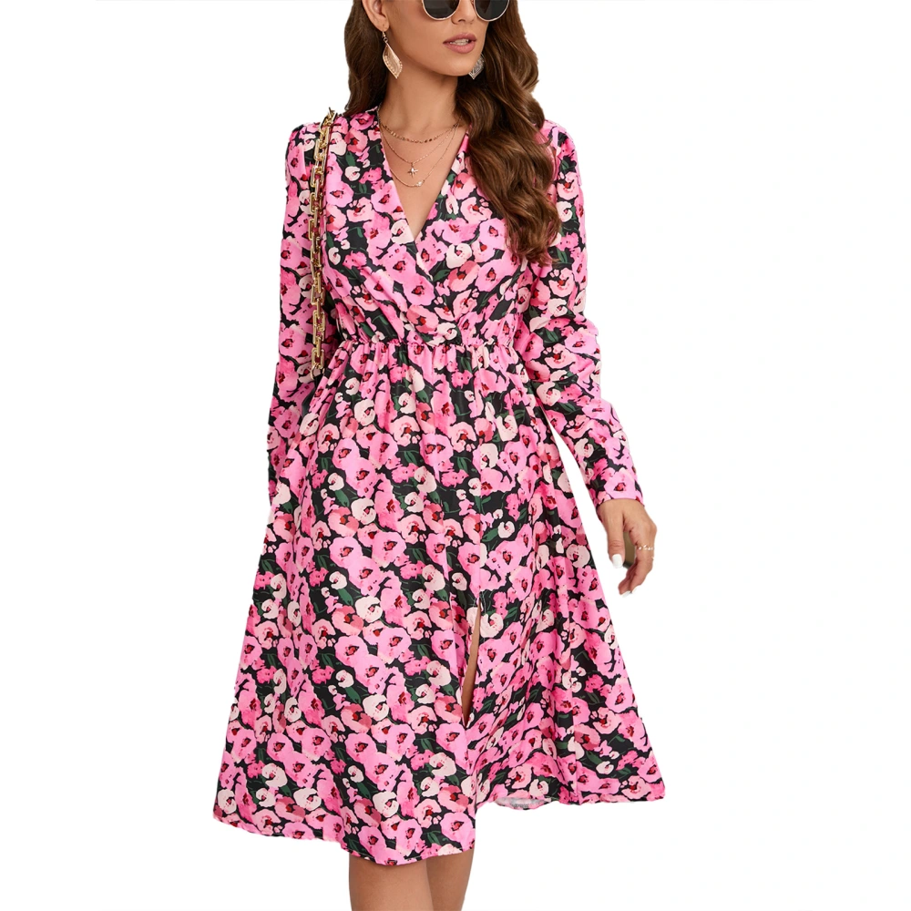 Women Wrap V Neck Dress Long Sleeve Printed Elastic High Waist Split Hem Elegant Dress Rose Red S