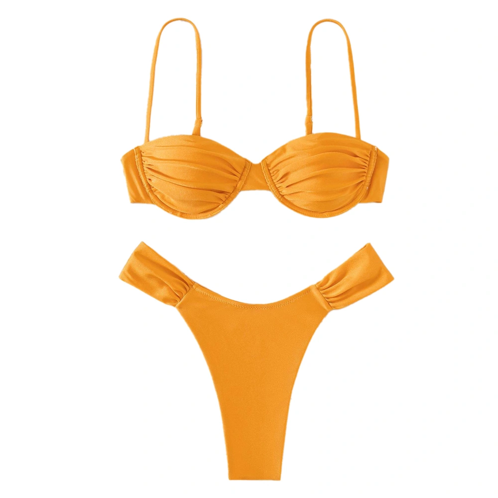 Women Bathing Suit Two Piece Spaghetti Strap High Cut Pure Color Pleated Wireless Padded Bikini Swimsuit Apricot M