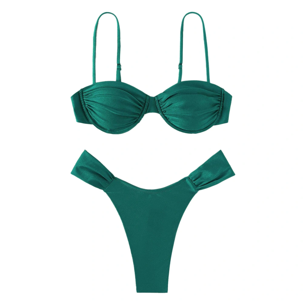 Women Bathing Suit Two Piece Spaghetti Strap High Cut Pure Color Pleated Wireless Padded Bikini Swimsuit Blackish Green L