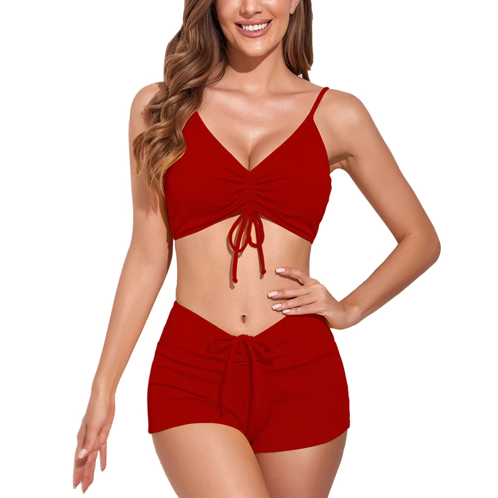 Women Bathing Suit 2 Piece Ribbed V Neck Spaghetti Strap Padded Front Drawstring Bikini Swimsuit Wine Red M