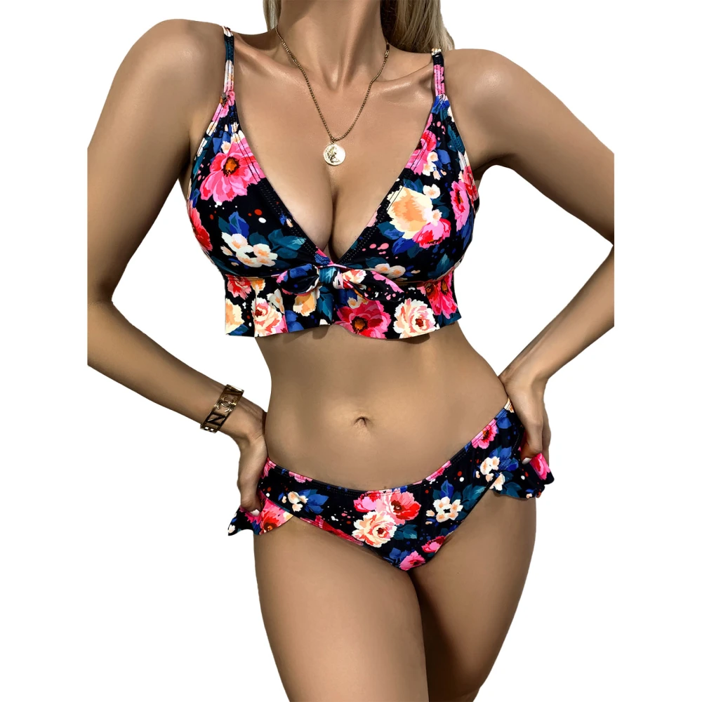 Women Bikini Swimsuit Ruffle Trim V Neck Flower Printing Two Pieces Bathing Suit for Summer Wear Type 4 M