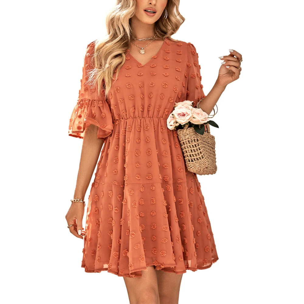 Women Dress V Neck Ruffle Short Sleeve High Waist Pure Color Fashionable Casual Summer Short Dress for Party Holiday Date Orange XL