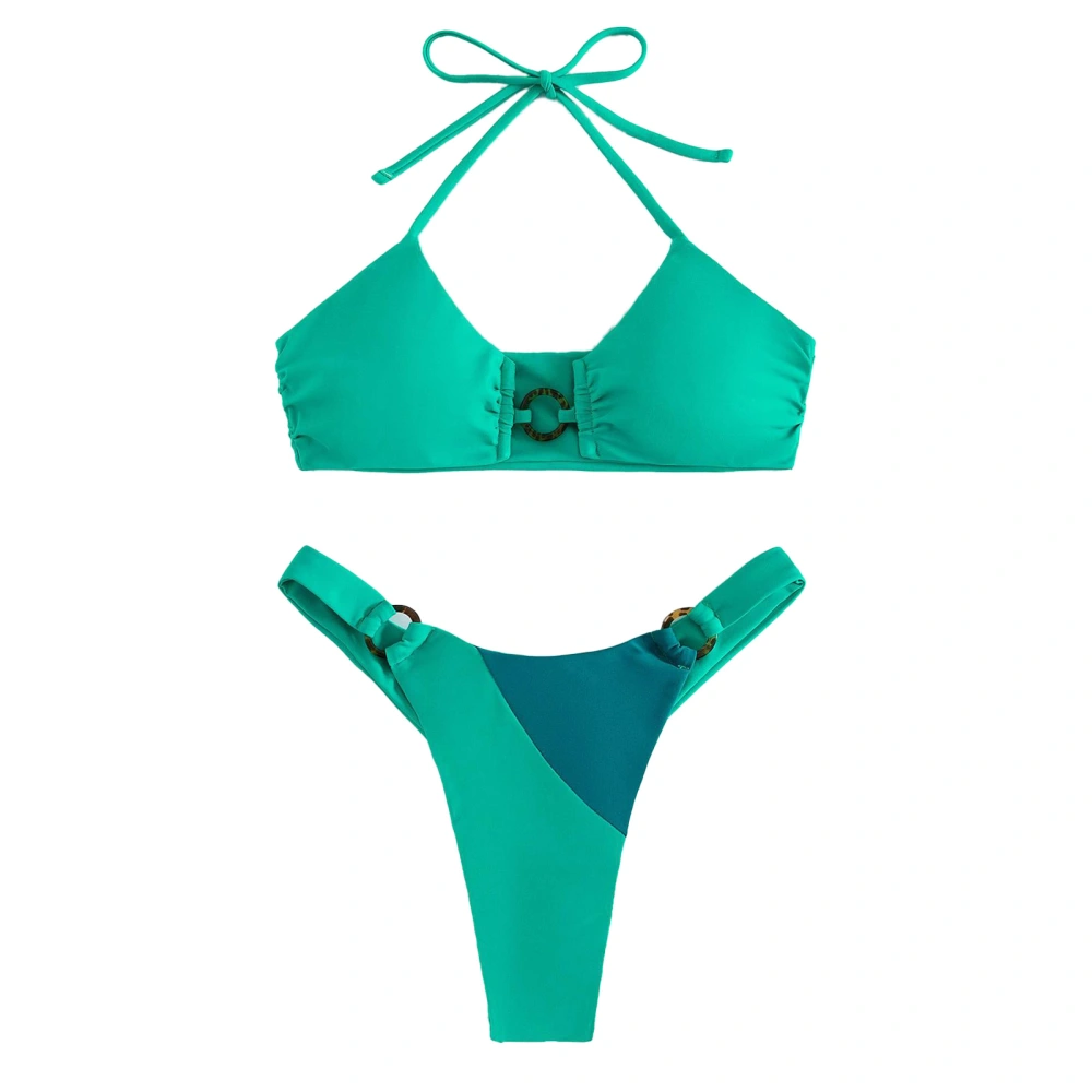 Women Bikini Swimsuit Halter Neck Color Spilicing Hollow Out Ring Linked Two Pieces Bathing Suit Green L