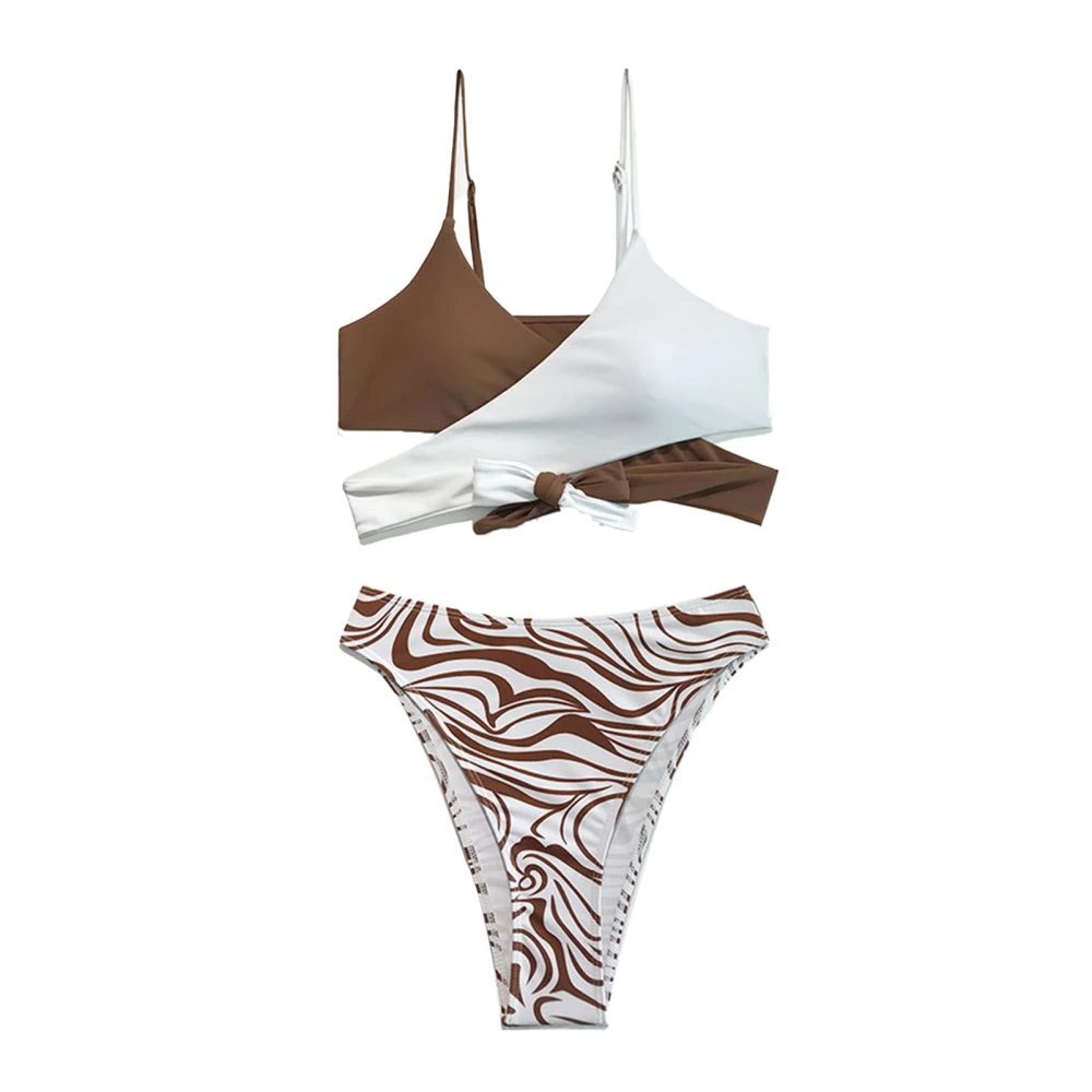 Women Swimsuit Color Stitching Crossed Chest Design Lace Up Back Regulable Shoulder Straps Regular Waist Split Bathing Suits Brown White S