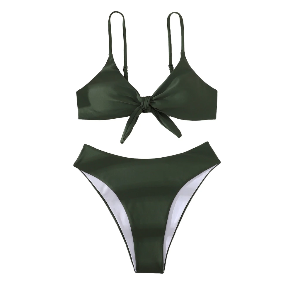 Women Pure Color Bikini Set Fashionable Elegant Tie Knot 2 Piece Swimsuit Bathing Suit for Pool Party OD Green L